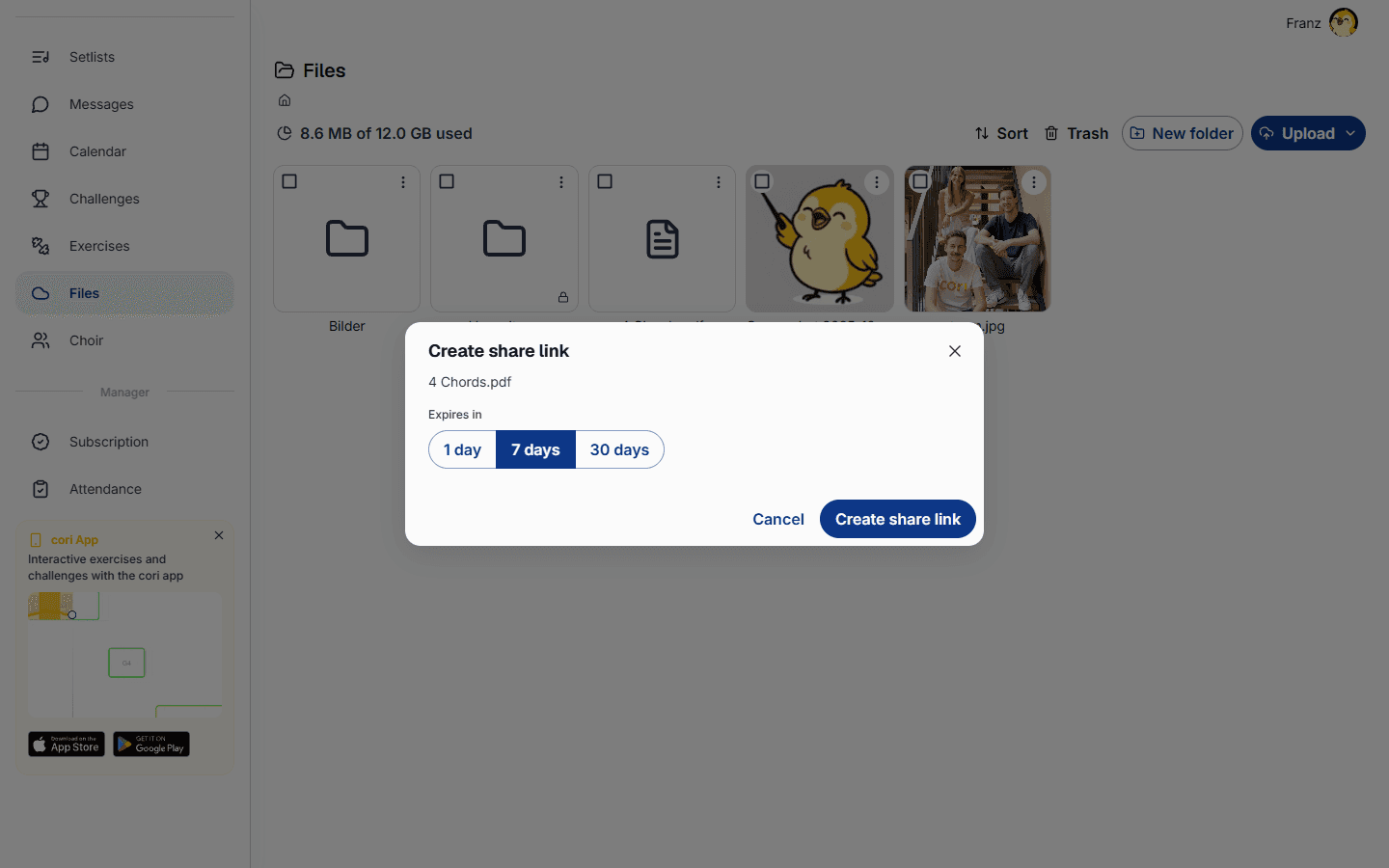 Create a share link with an expiry date, copy it, or revoke it later.