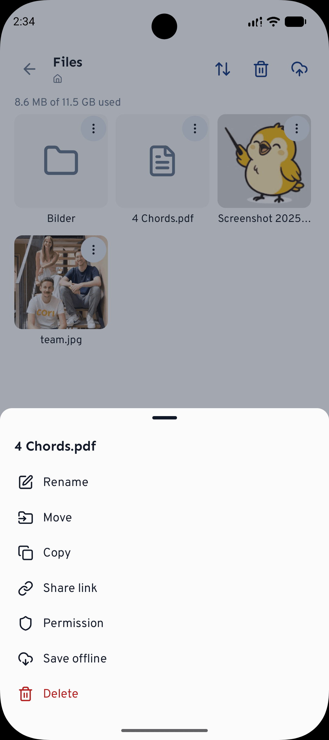 Browsing the choir's Files in the app, opened from the Choir tab.