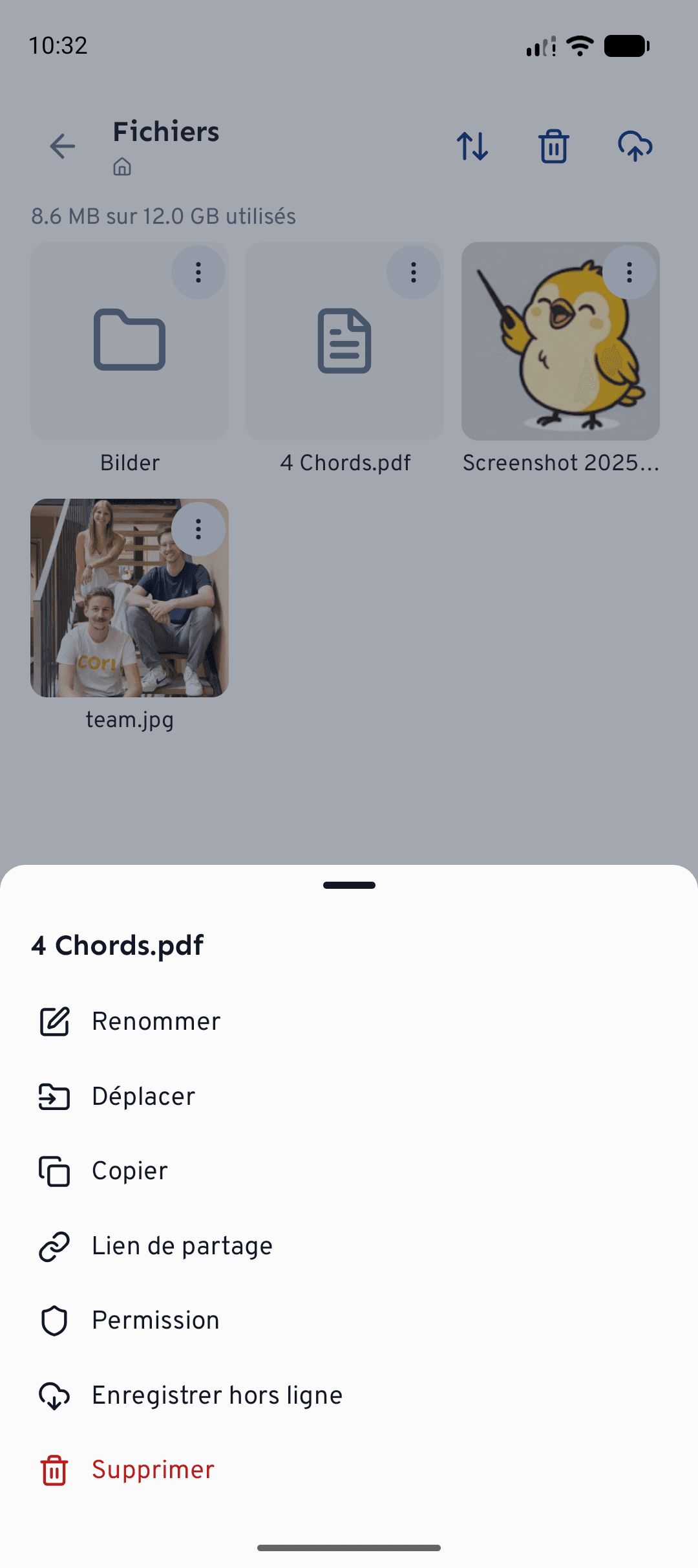 Parcourir les Fichiers du chœur dans l'application, ouverts via l'onglet Chœur.