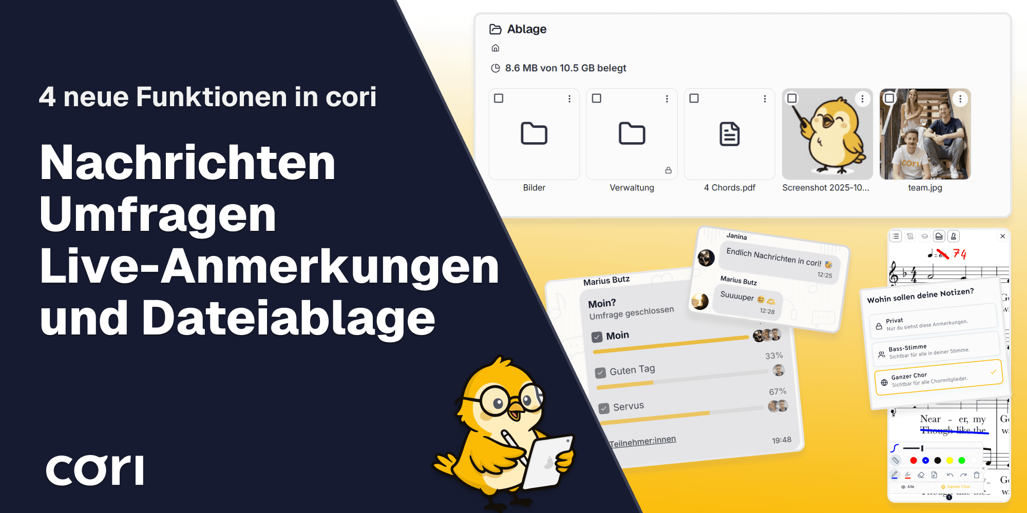 Messages, polls, live annotations and file storage: four new features in cori