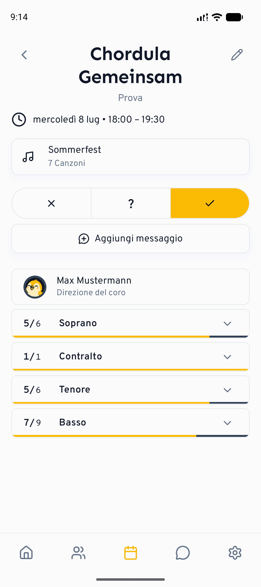 Il controllo di presenza a tre opzioni su un evento: non partecipo, non lo so e partecipo.