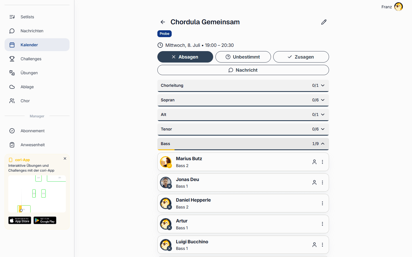 Übersicht pro Termin: Anwesenheit nach Stimme gruppiert, mit Zusage-Zahlen und Notizen der Mitglieder.