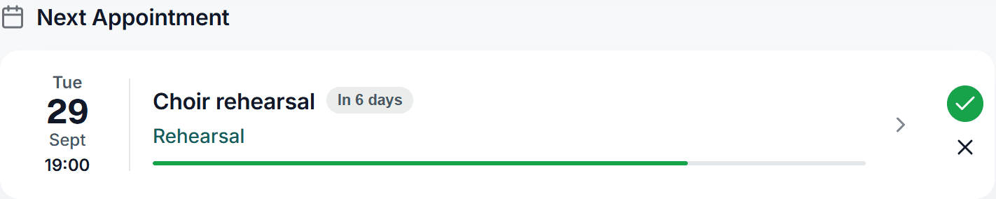 The “Next Appointment” card on the dashboard: date, appointment type, the attendance bar and, on the right, the two buttons for accepting and declining.