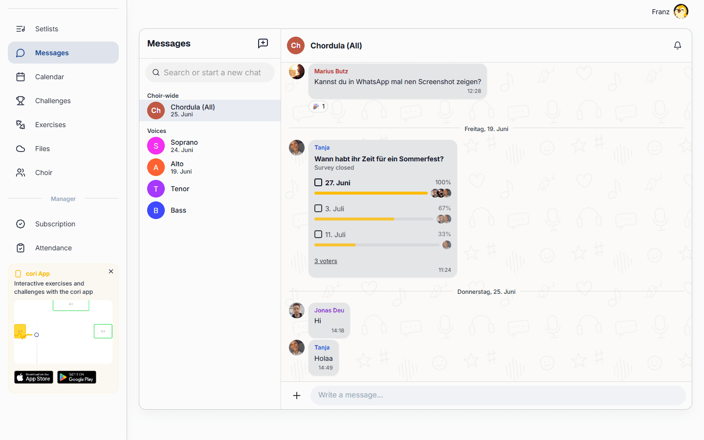 The Messages area: conversations on the left, the open chat on the right.