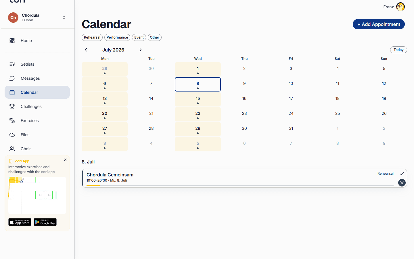 The choir calendar, with the Add Appointment button top-right for managers.