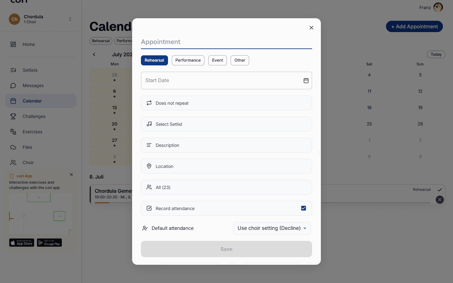 On the web: the appointment form with title, type, date and time, location, setlist and description.
