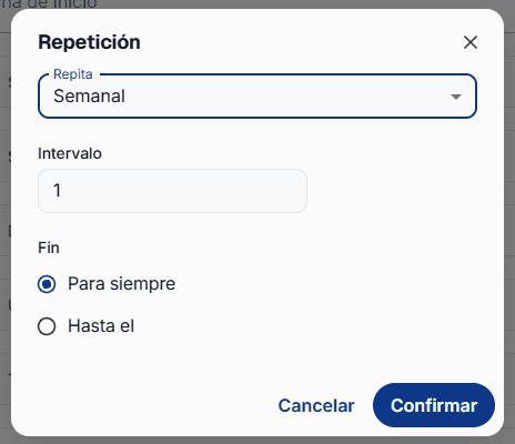 Define con qué frecuencia se repite un evento y cuándo termina la serie.