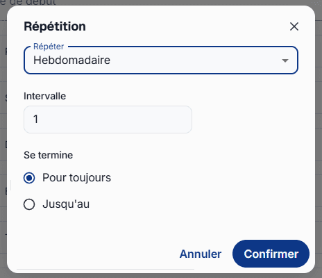 Définissez la fréquence de répétition d'un événement et la fin de la série.