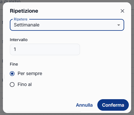 Imposta con quale frequenza si ripete un evento e quando termina la serie.