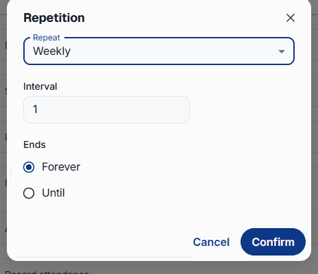 Set how often an event repeats and when the series ends.