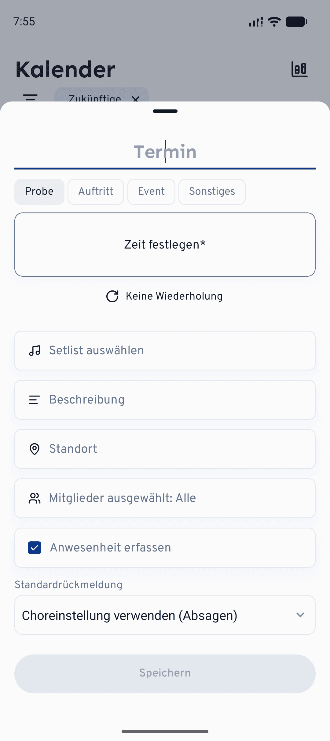 Dasselbe Terminformular auf dem Handy, geöffnet über die +-Schaltfläche im Kalender.