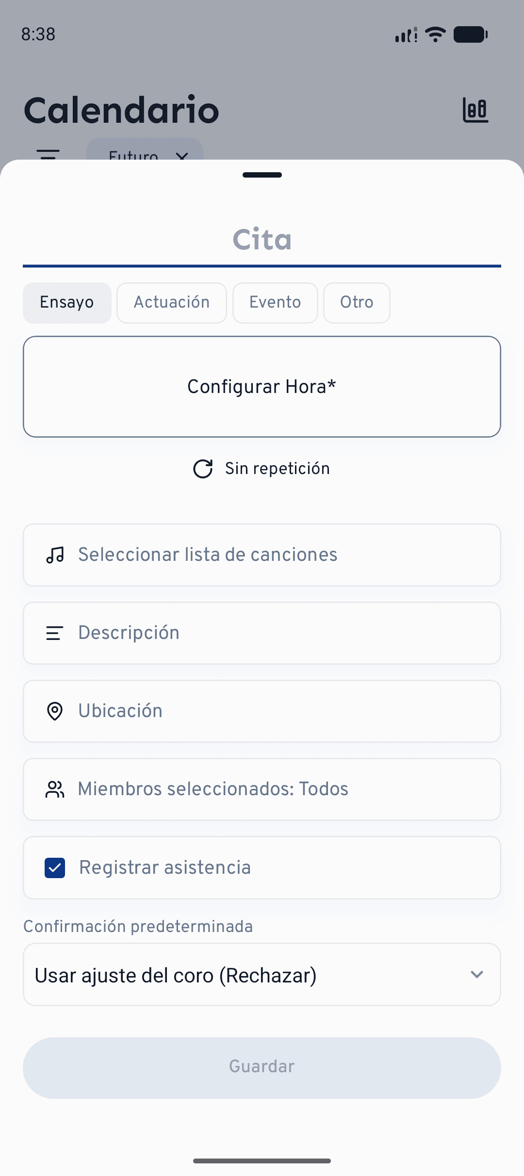 El mismo formulario de cita en el móvil, abierto con el botón + del calendario.