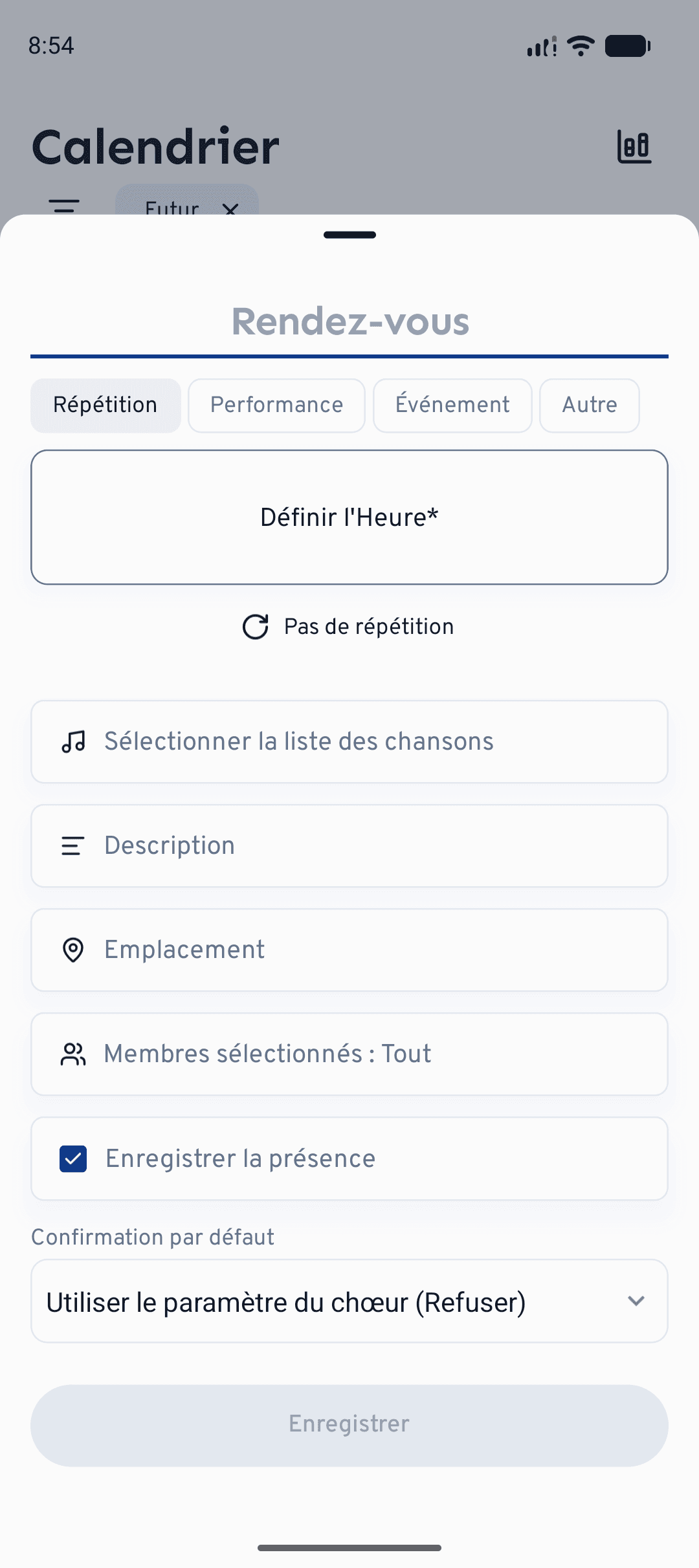 Le même formulaire de rendez-vous sur mobile, ouvert avec le bouton + du calendrier.