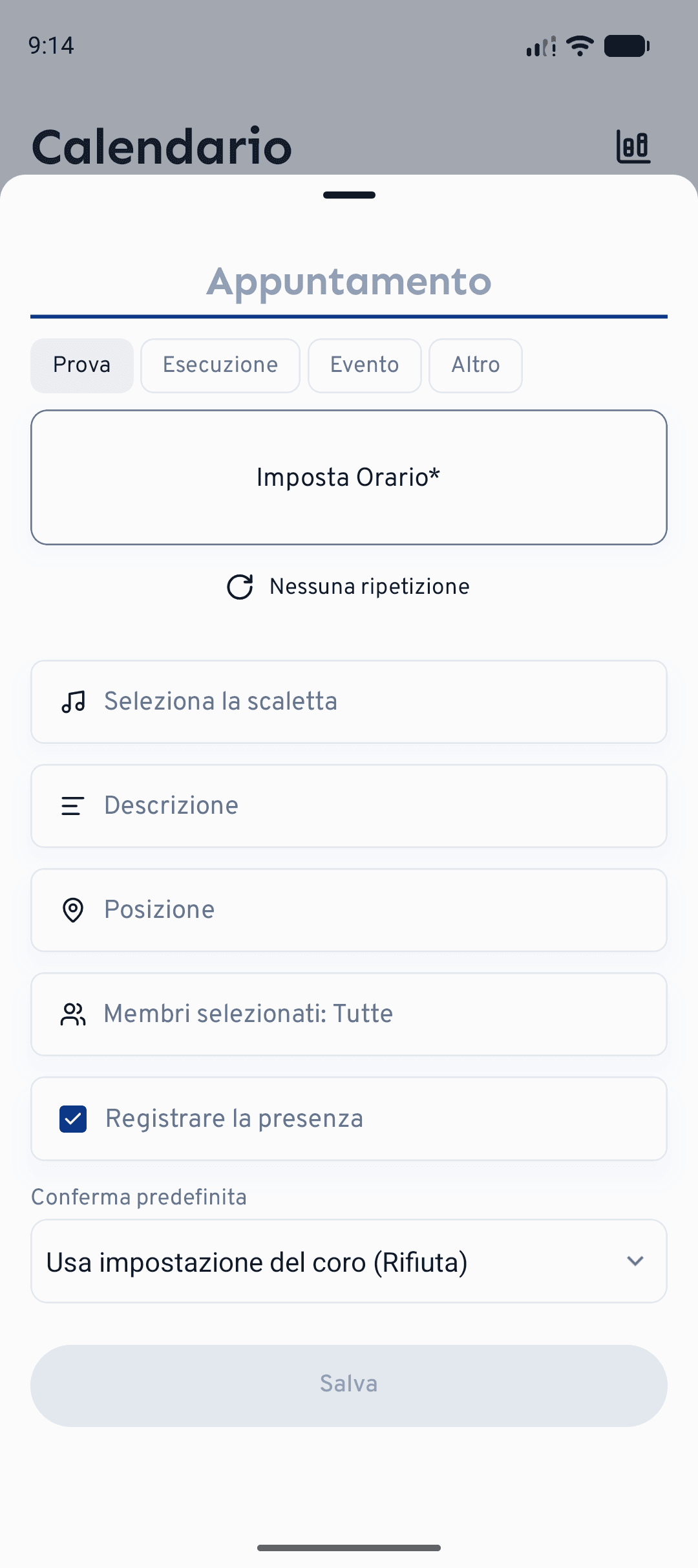 Lo stesso modulo dell'appuntamento su mobile, aperto con il pulsante + nel calendario.