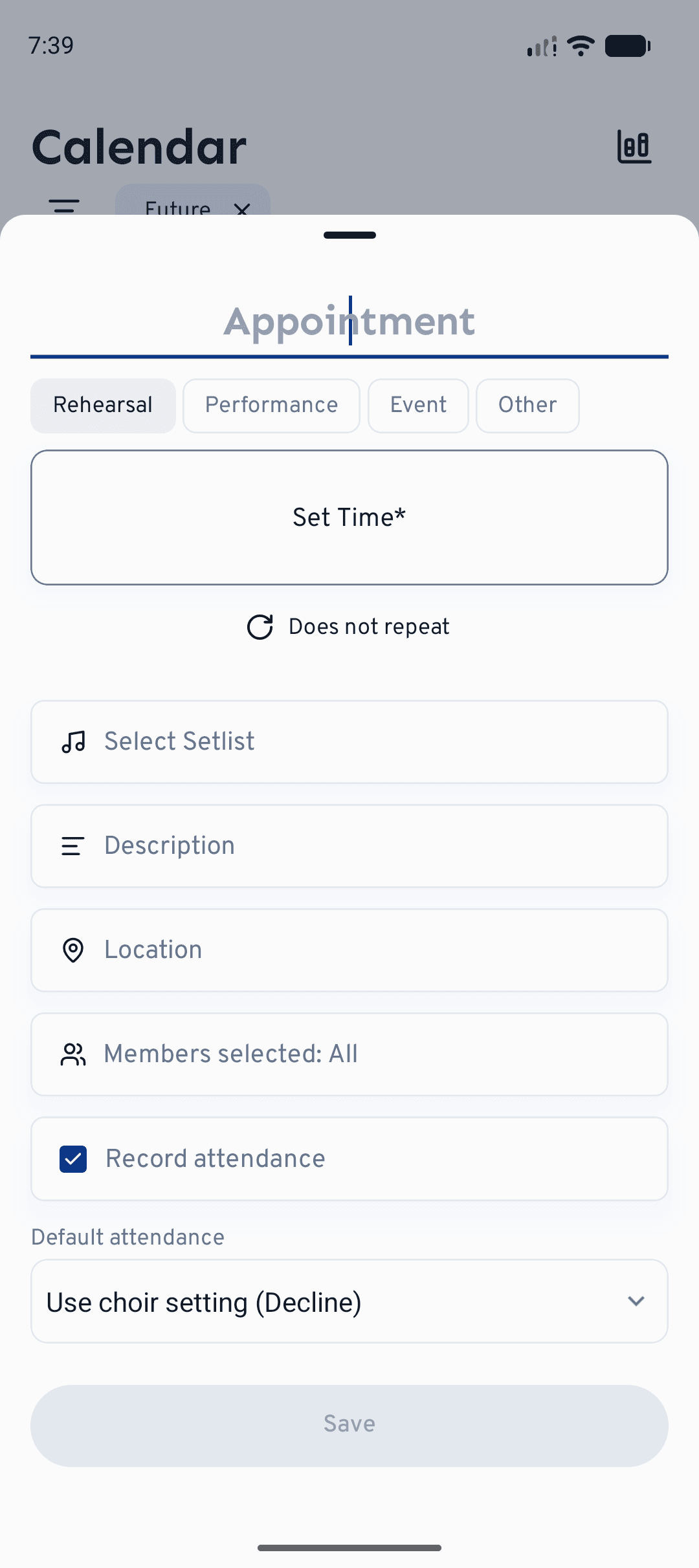 The same form on mobile, opened with the + button on the calendar.