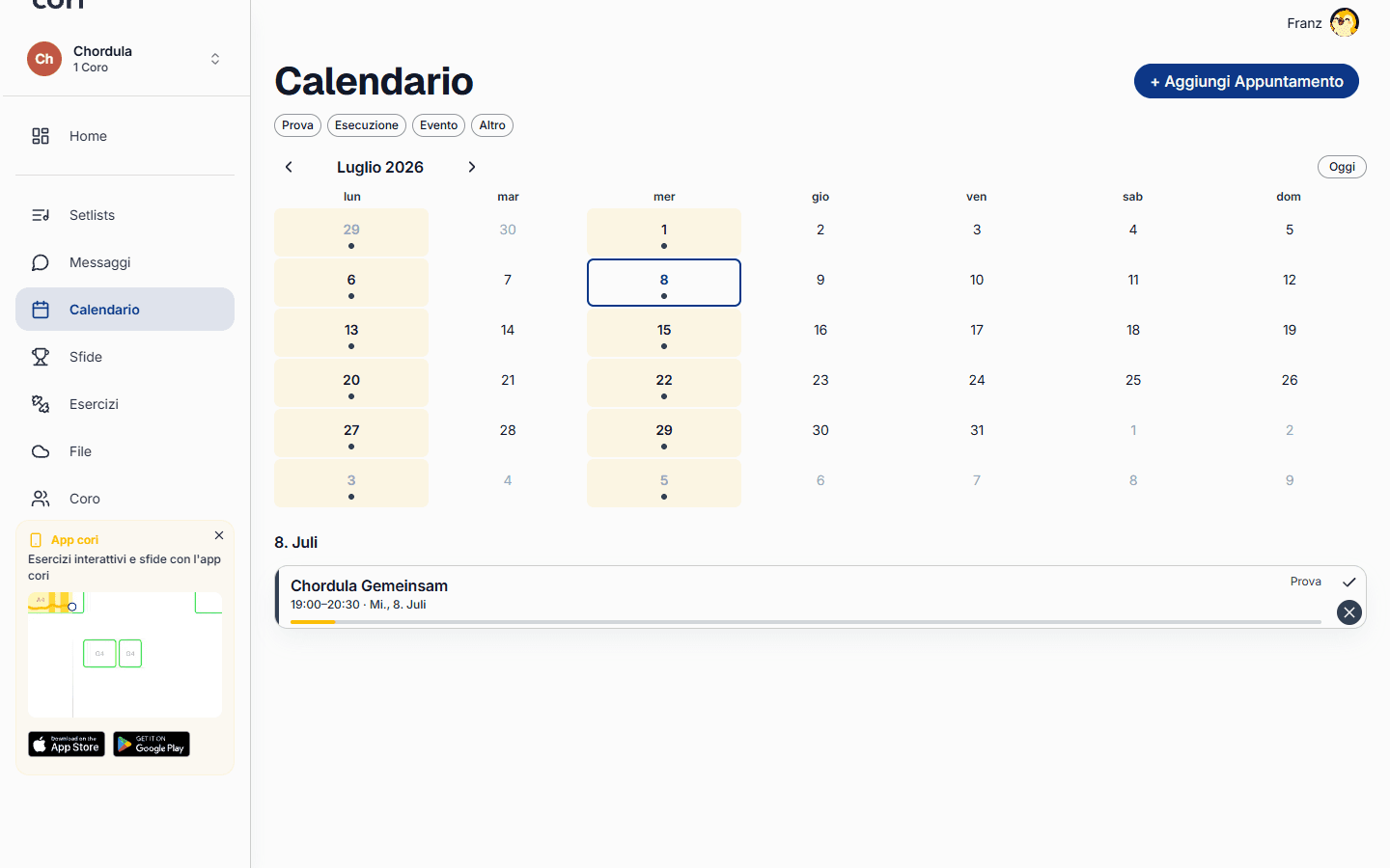 Creare appuntamenti e prove
