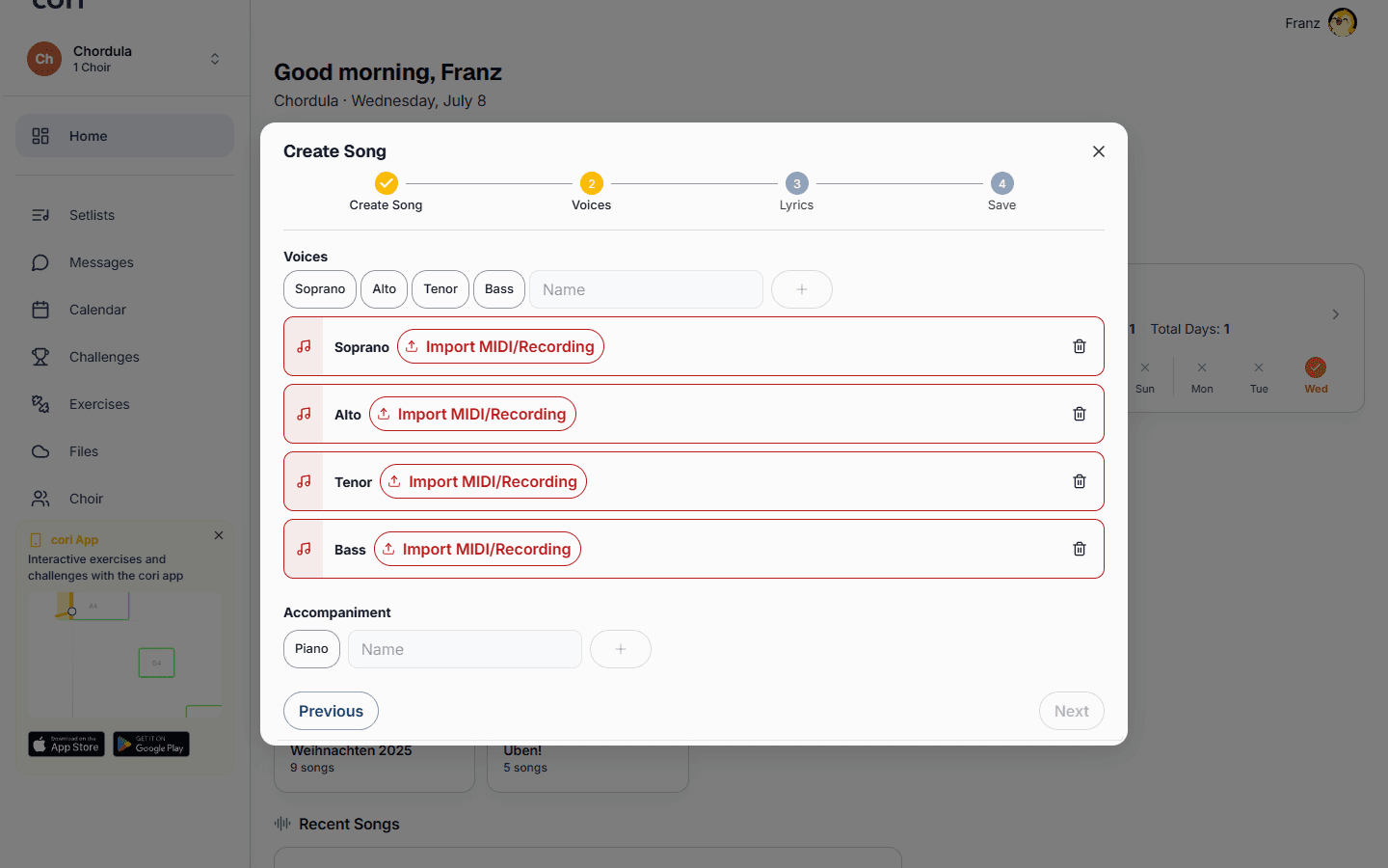 Step 2: one card per voice part, each with its own uploaded recording.