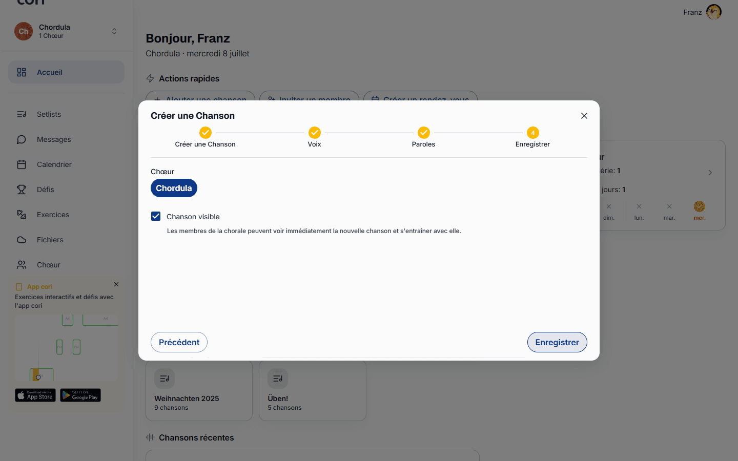 Étape 3 : sélectionnez le chœur, définissez la visibilité et enregistrez le chant terminé.