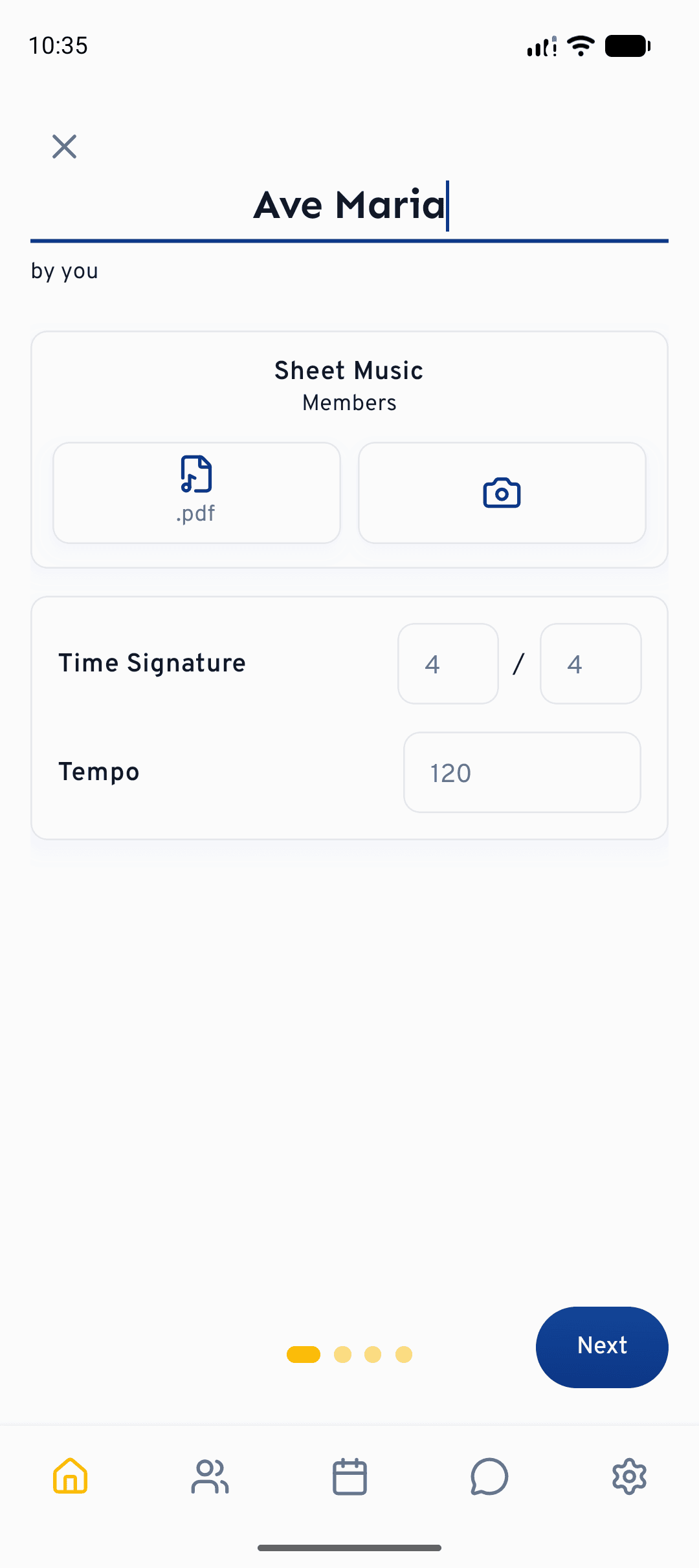 The same first step on mobile: name the song and set tempo, time signature and sheet music.