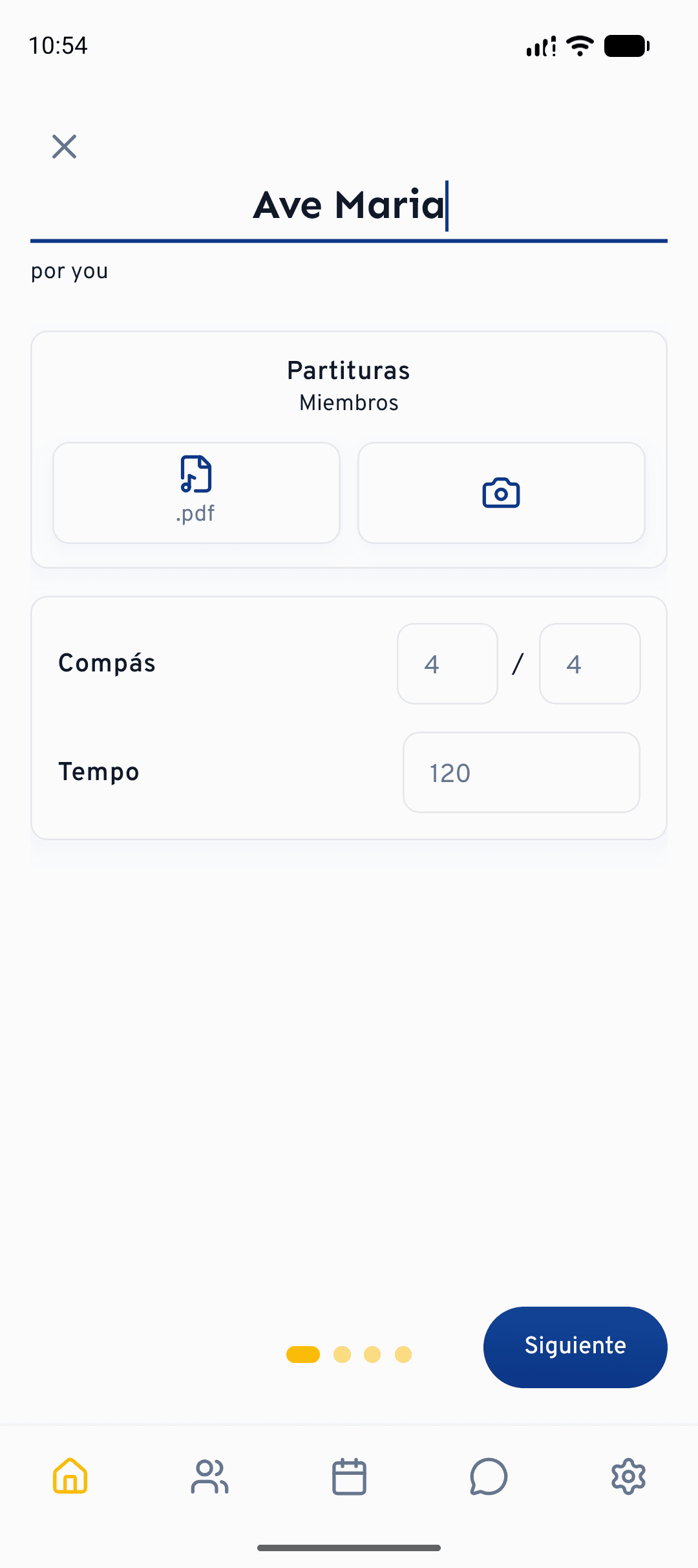 El mismo primer paso en el movil: nombra la cancion y define tempo, compas y partituras.