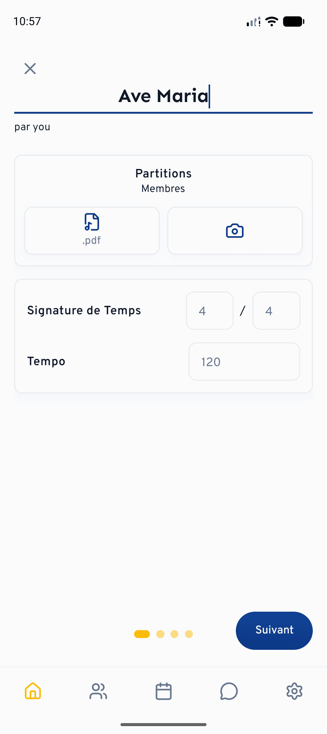 La meme premiere etape sur mobile : nommez le chant et reglez tempo, signature rythmique et partitions.