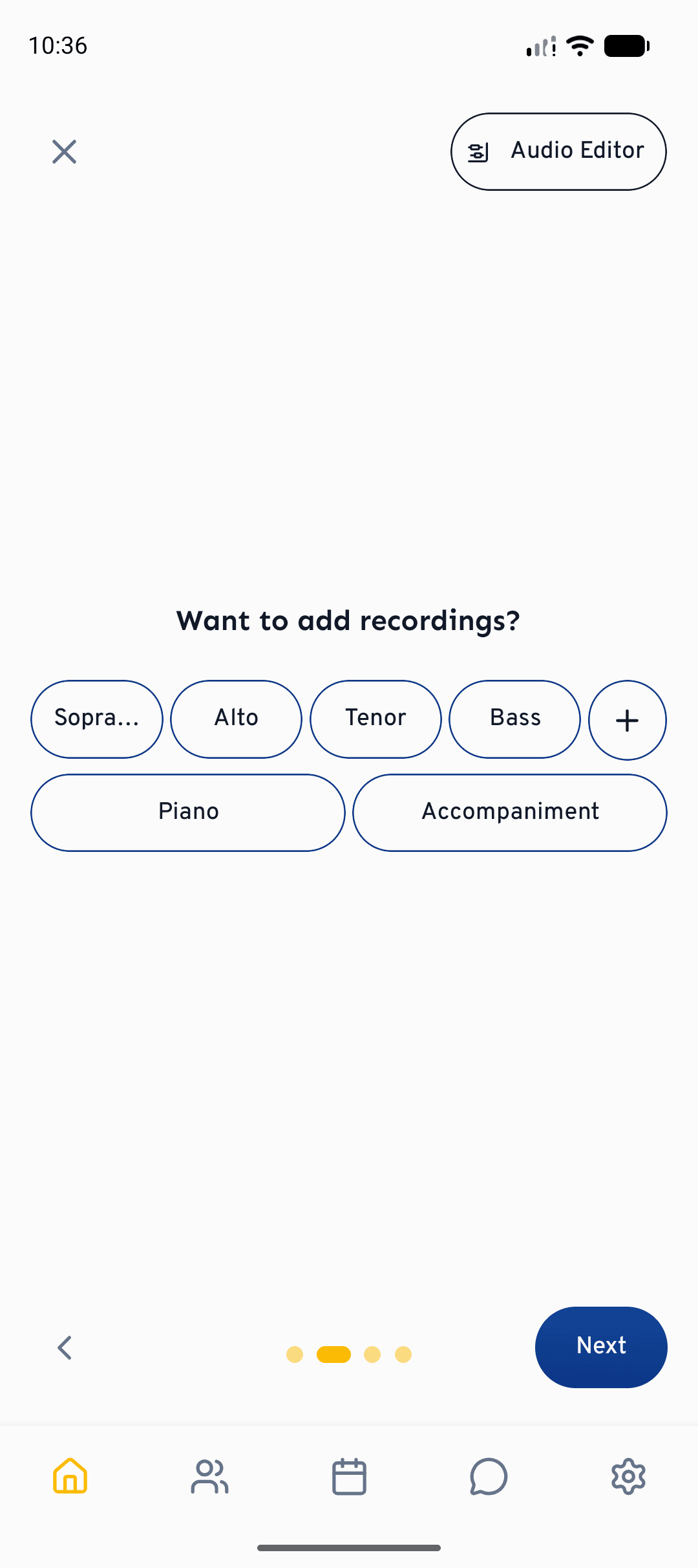 On mobile, pick the voice parts, or jump straight into the Audio Editor to record.