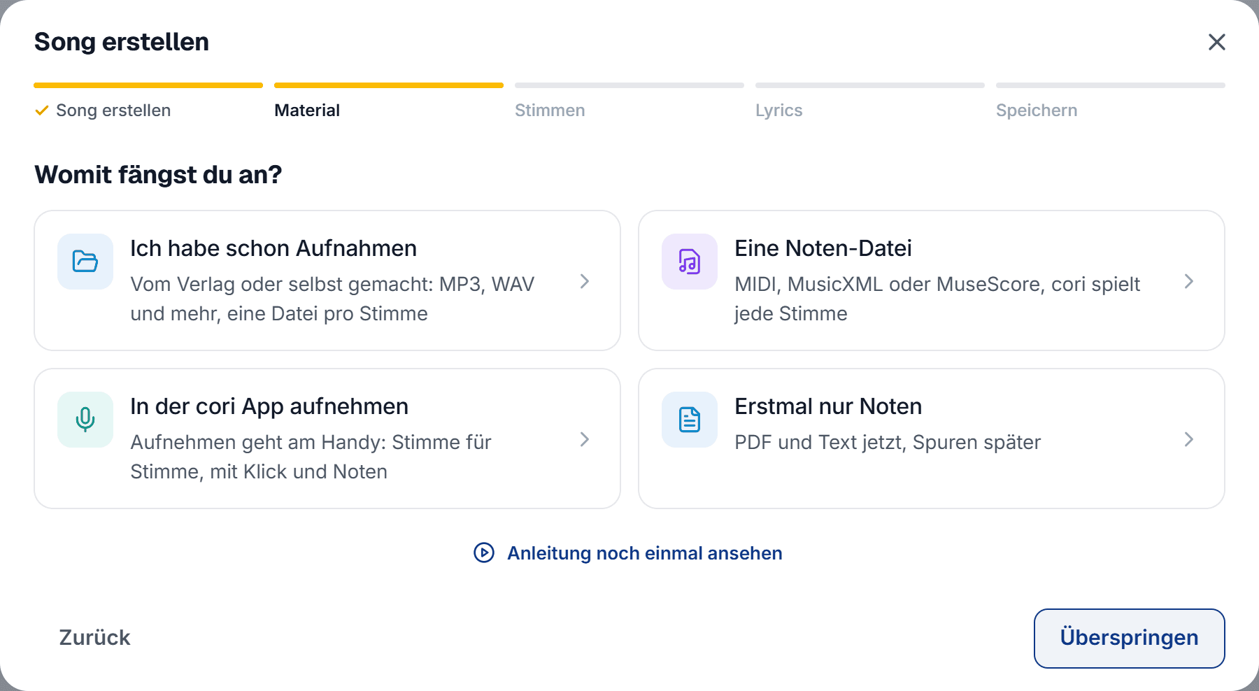 Die Weiche des Erstellers: vier Startpunkte, je nachdem, welches Material du hast.