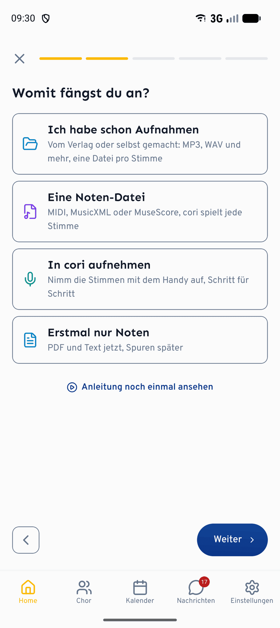 Dieselbe Frage in der App, mit „In cori aufnehmen“ als drittem Startpunkt.