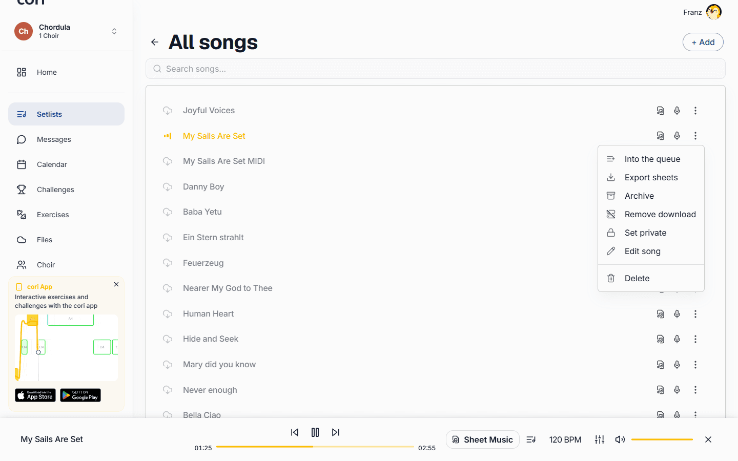 The “Export sheets” option in a song's ⋮ menu downloads the PDF instantly.