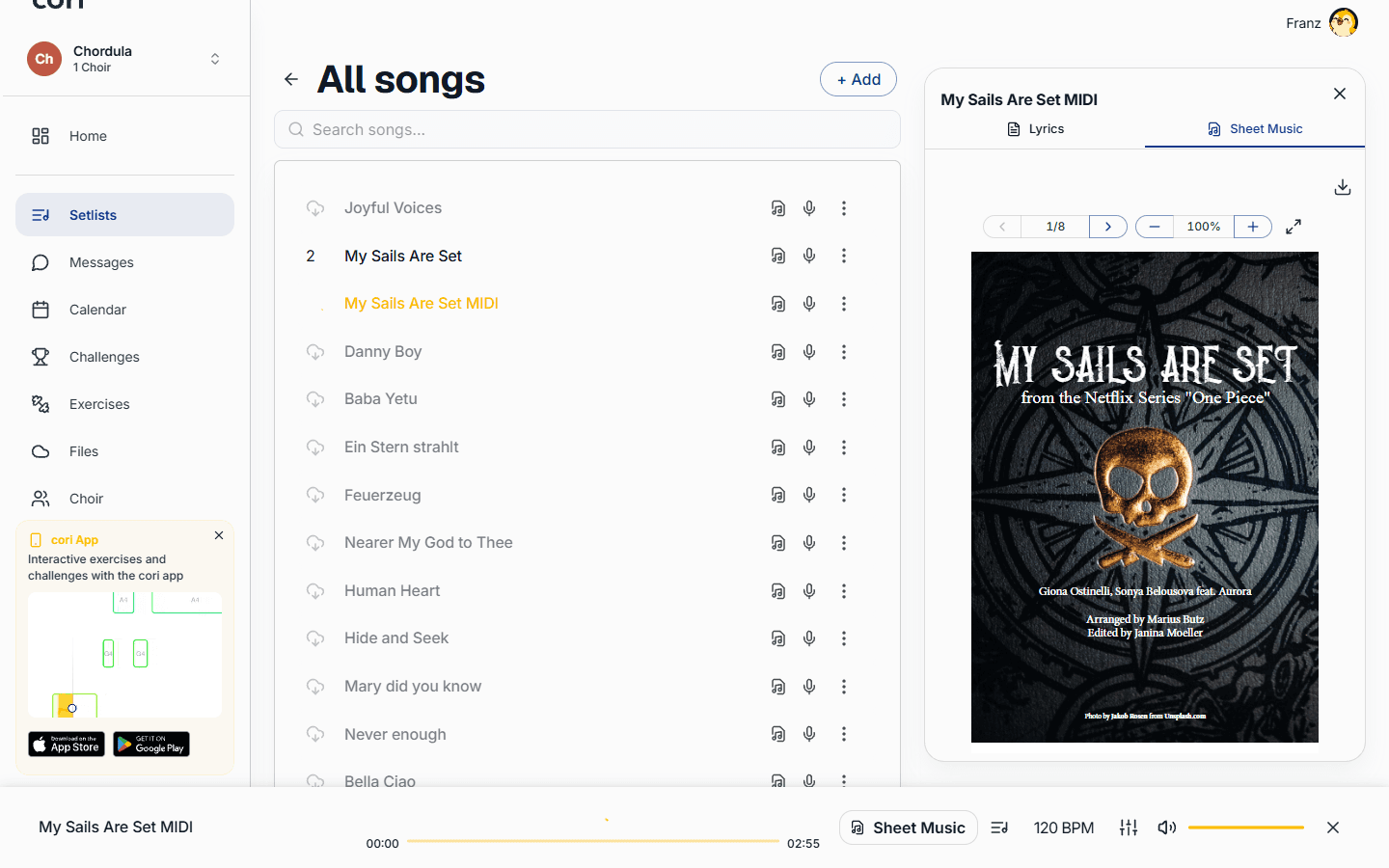 The Sheet Music tab with the Download button for the currently shown sheet.