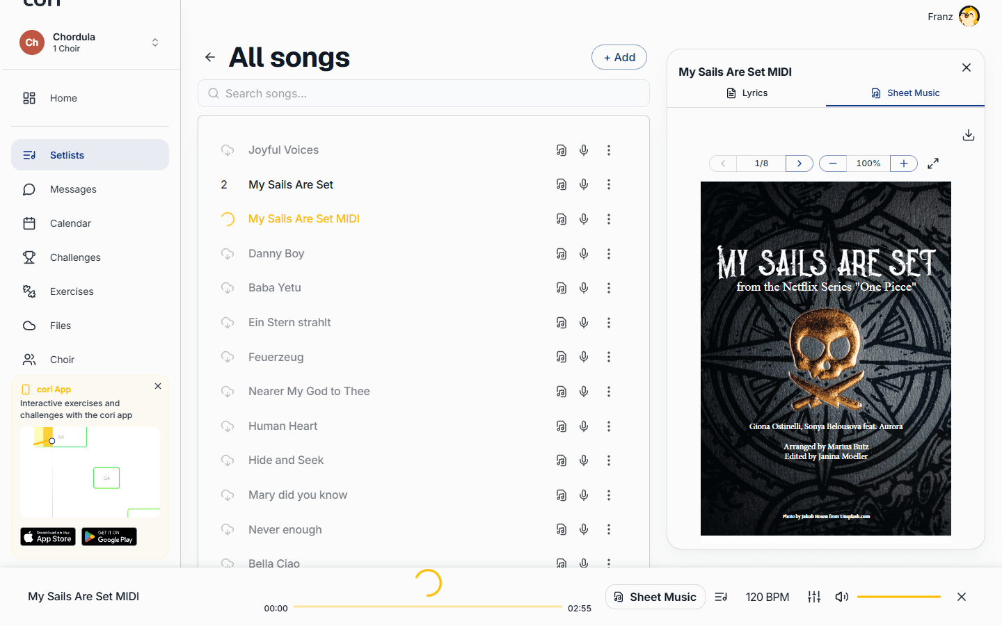 Exporting sheet music from cori