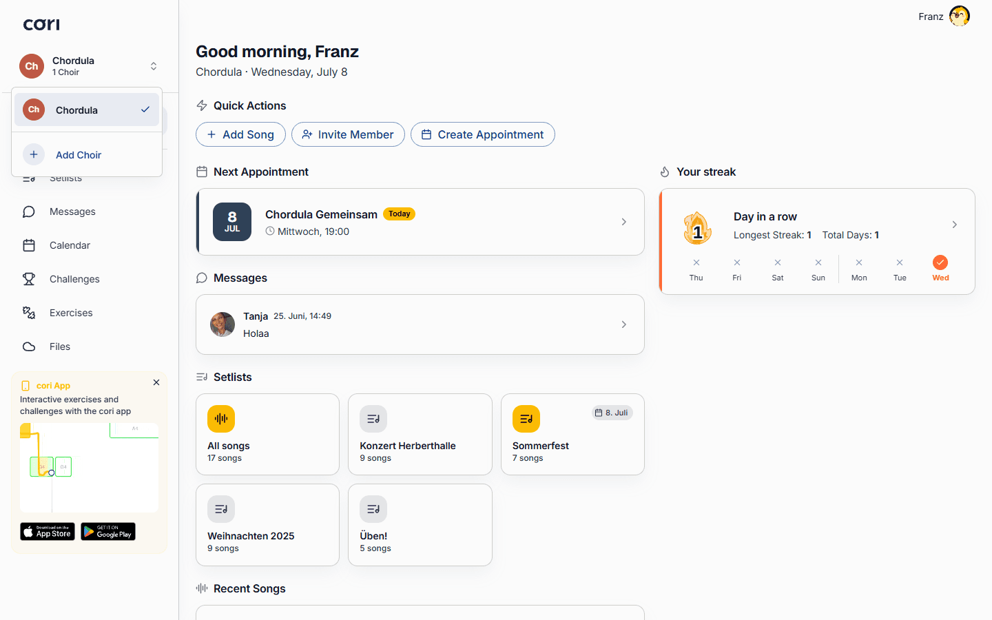 Create a new choir or join an existing one straight from the dashboard.