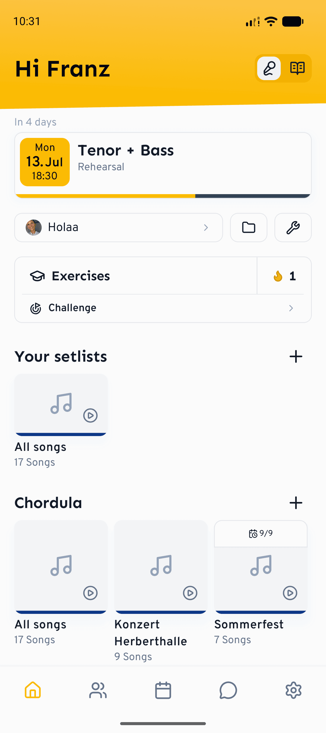 The mobile home screen: your next rehearsal, exercises and setlists at a glance.