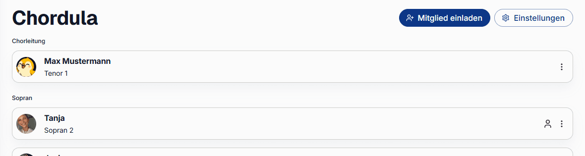 Der Button „Mitglied einladen“ auf dem Chor-Bildschirm, sichtbar für Chorleitung und Admins.