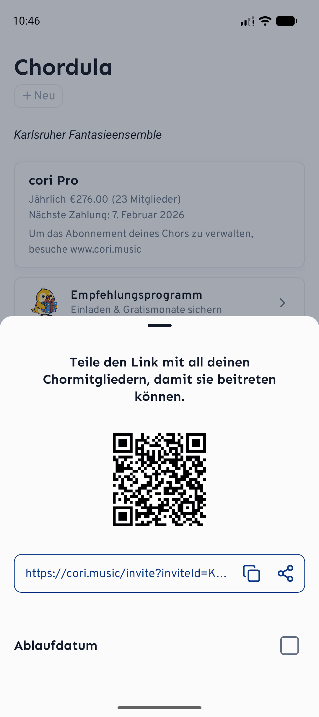 Auf dem Smartphone: QR-Code und Einladungslink, mit optionalem Ablaufdatum.
