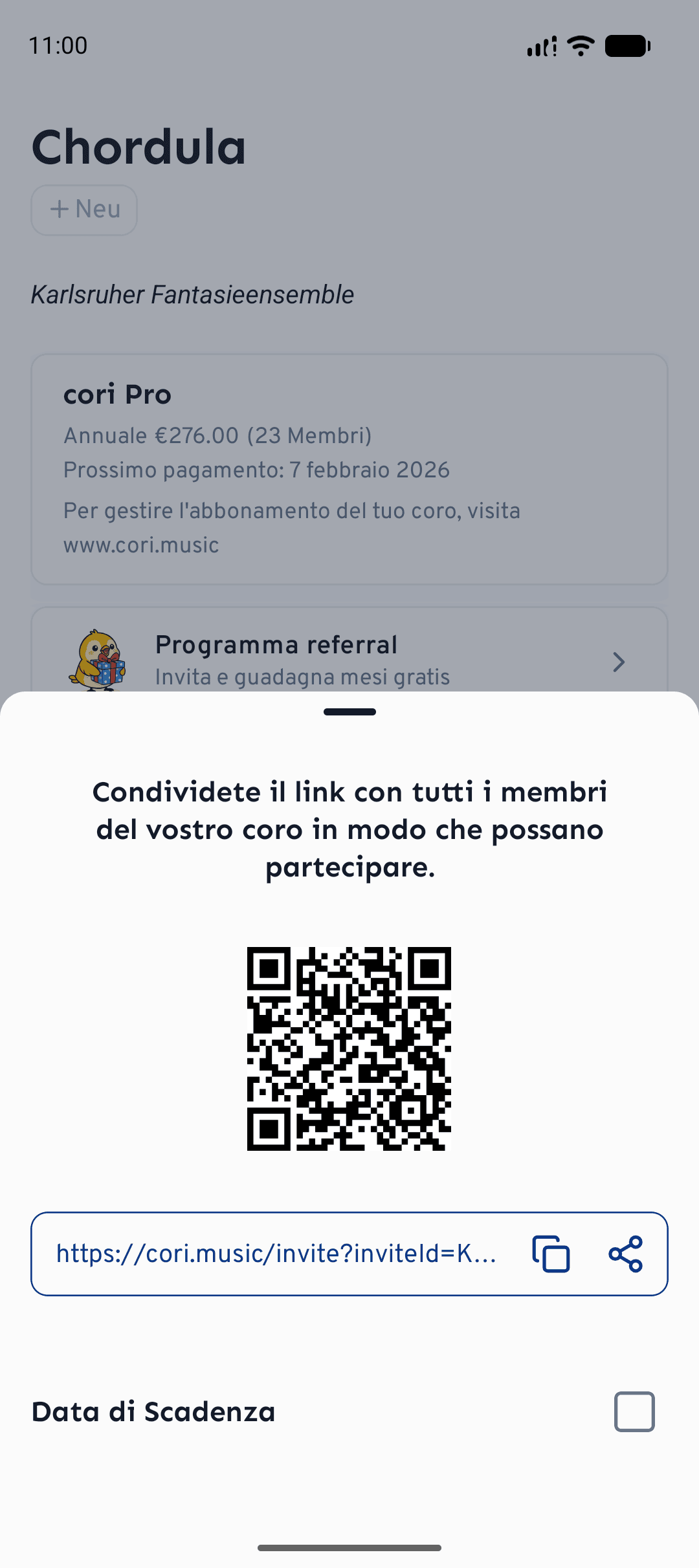 Su mobile: il codice QR e il link di invito, con data di scadenza facoltativa.