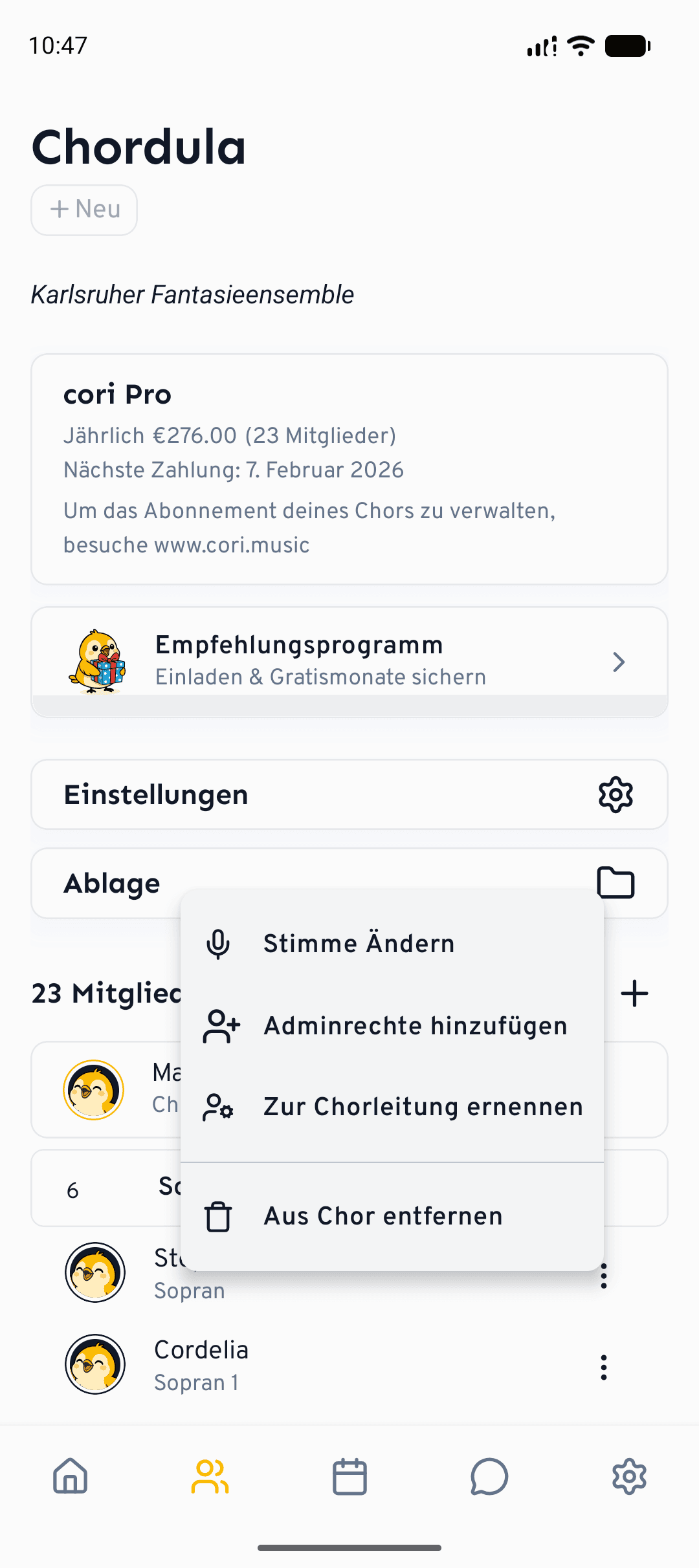 Dasselbe Mitglieder-Menue auf dem Smartphone, geoeffnet ueber den Chor-Tab.