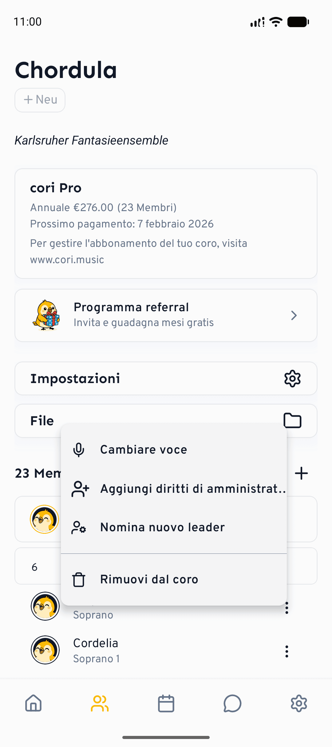 Lo stesso menu del membro su mobile, aperto dalla scheda Coro.