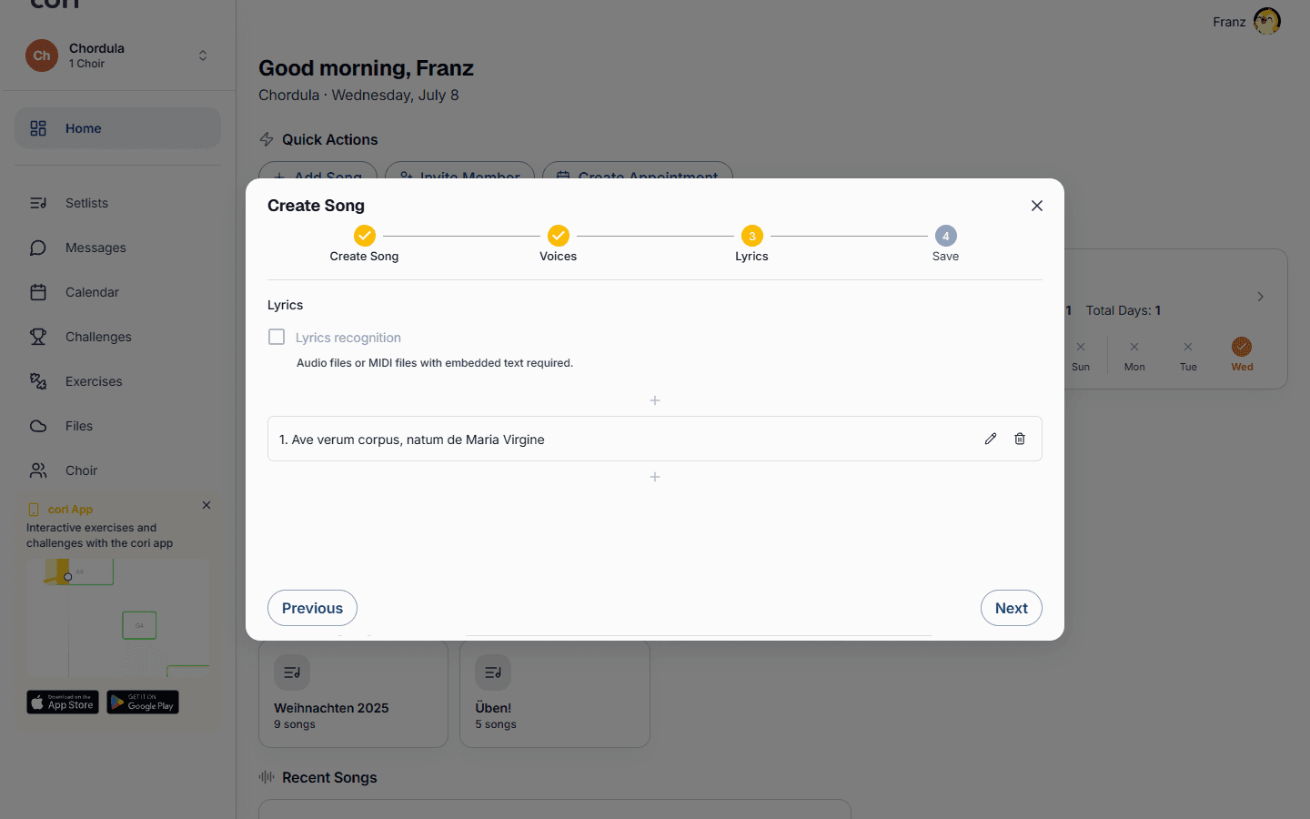 The Lyrics step: automatic recognition, or edit lines by hand and assign them to voices.