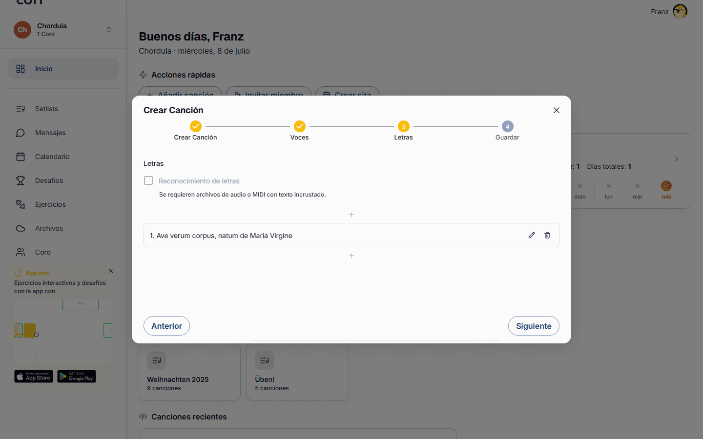 El paso Letras: reconocimiento automático, o editar las líneas a mano y asignarlas a voces.