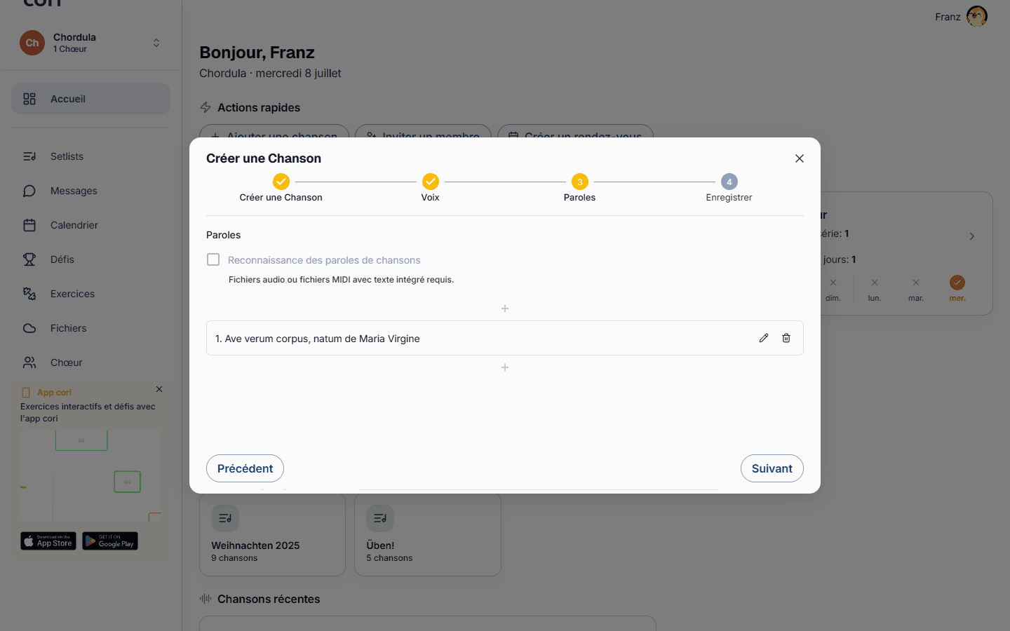 L'étape Paroles : reconnaissance automatique ou édition des lignes à la main et attribution aux voix.