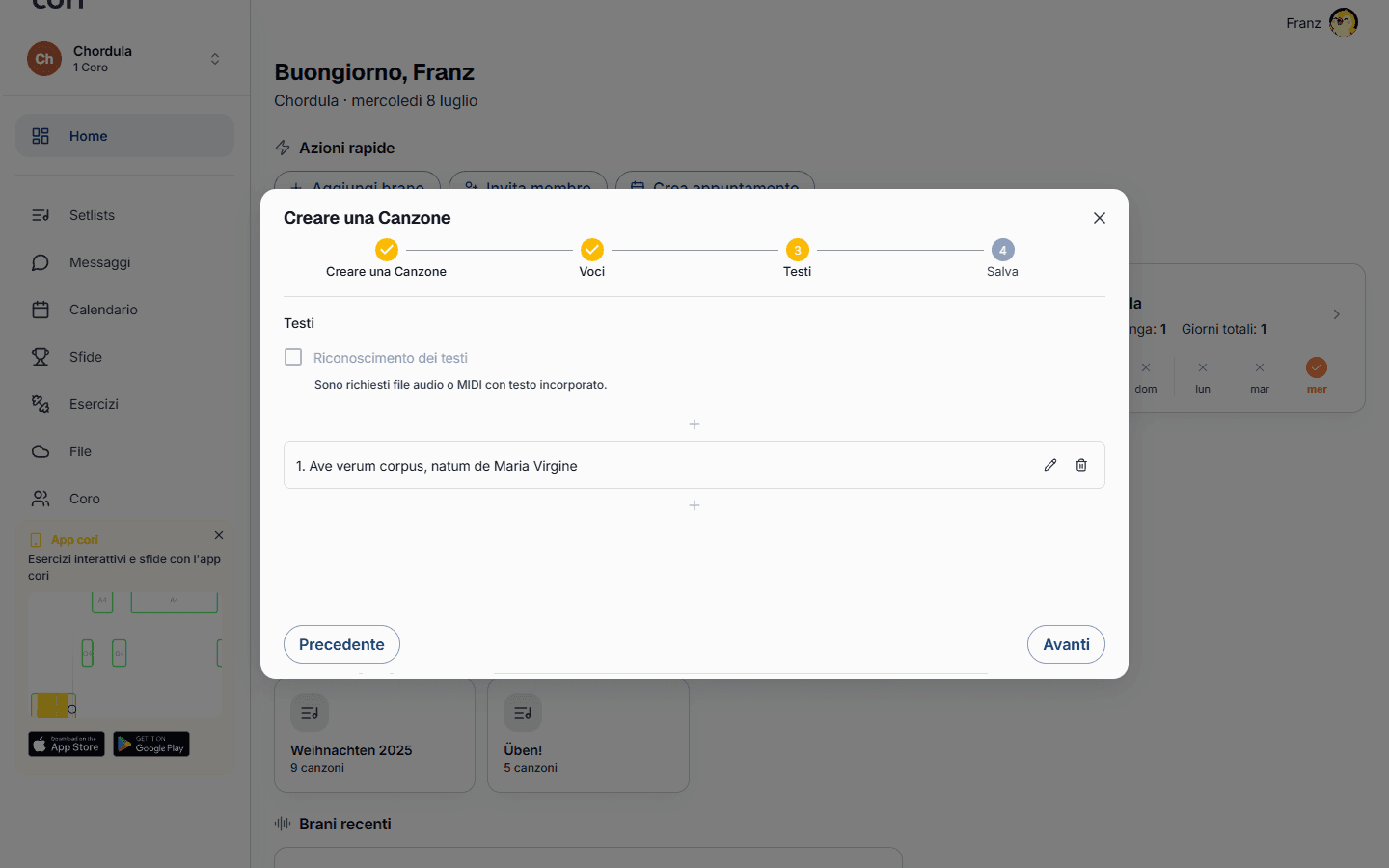 Il passaggio Testo: riconoscimento automatico, oppure modifica delle righe a mano e assegnazione alle voci.