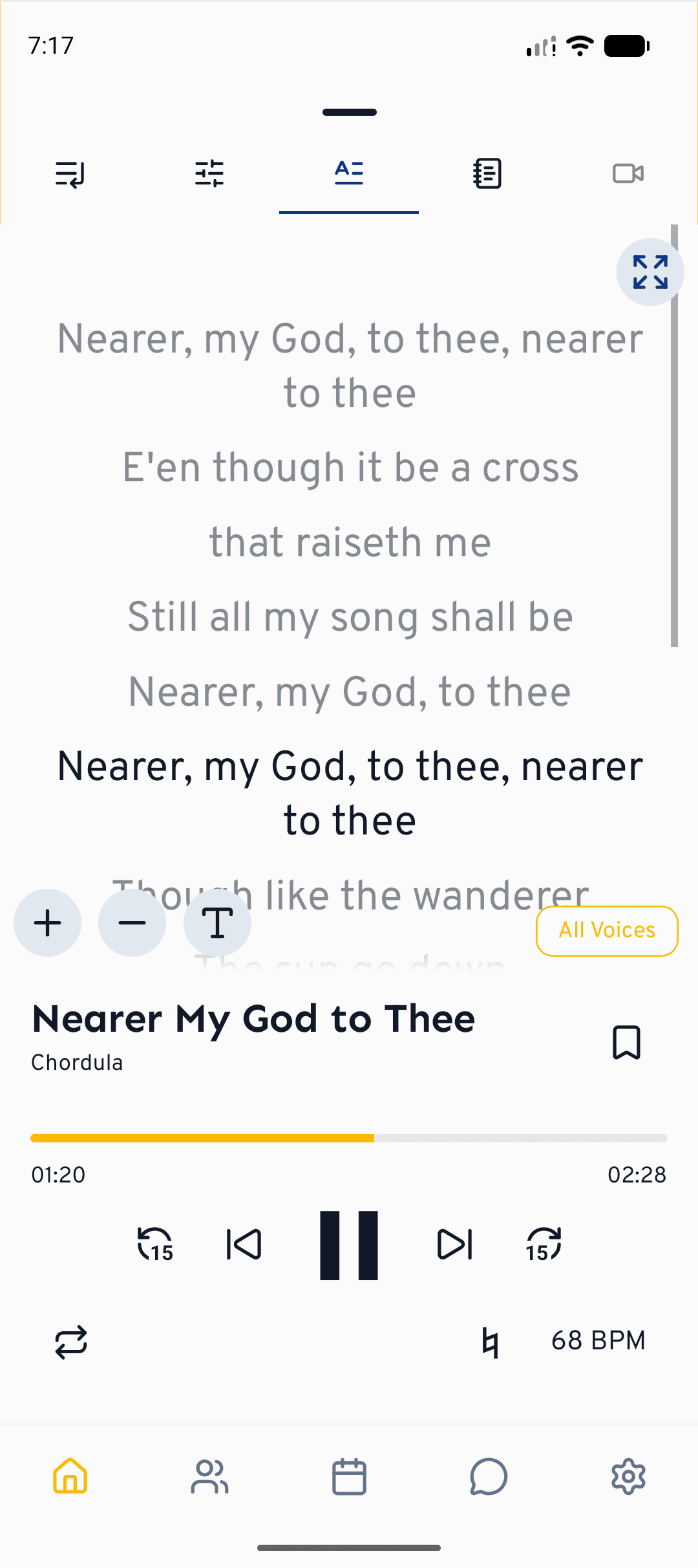 In the player, the Lyrics tab highlights the current line and lets singers tap to jump.