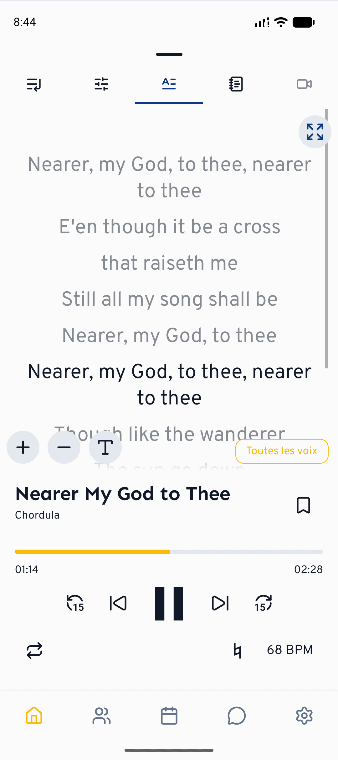 Dans le lecteur, l'onglet Paroles met en évidence la ligne en cours et permet aux chanteur·se·s de sauter d'un appui.