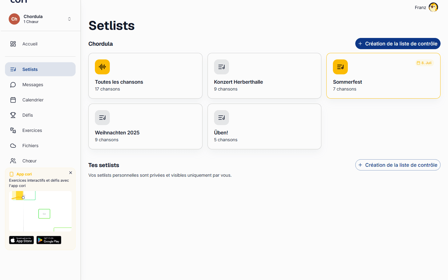 La page Setlists : Toutes les chansons, les setlists partagées de votre chorale et vos setlists personnelles.