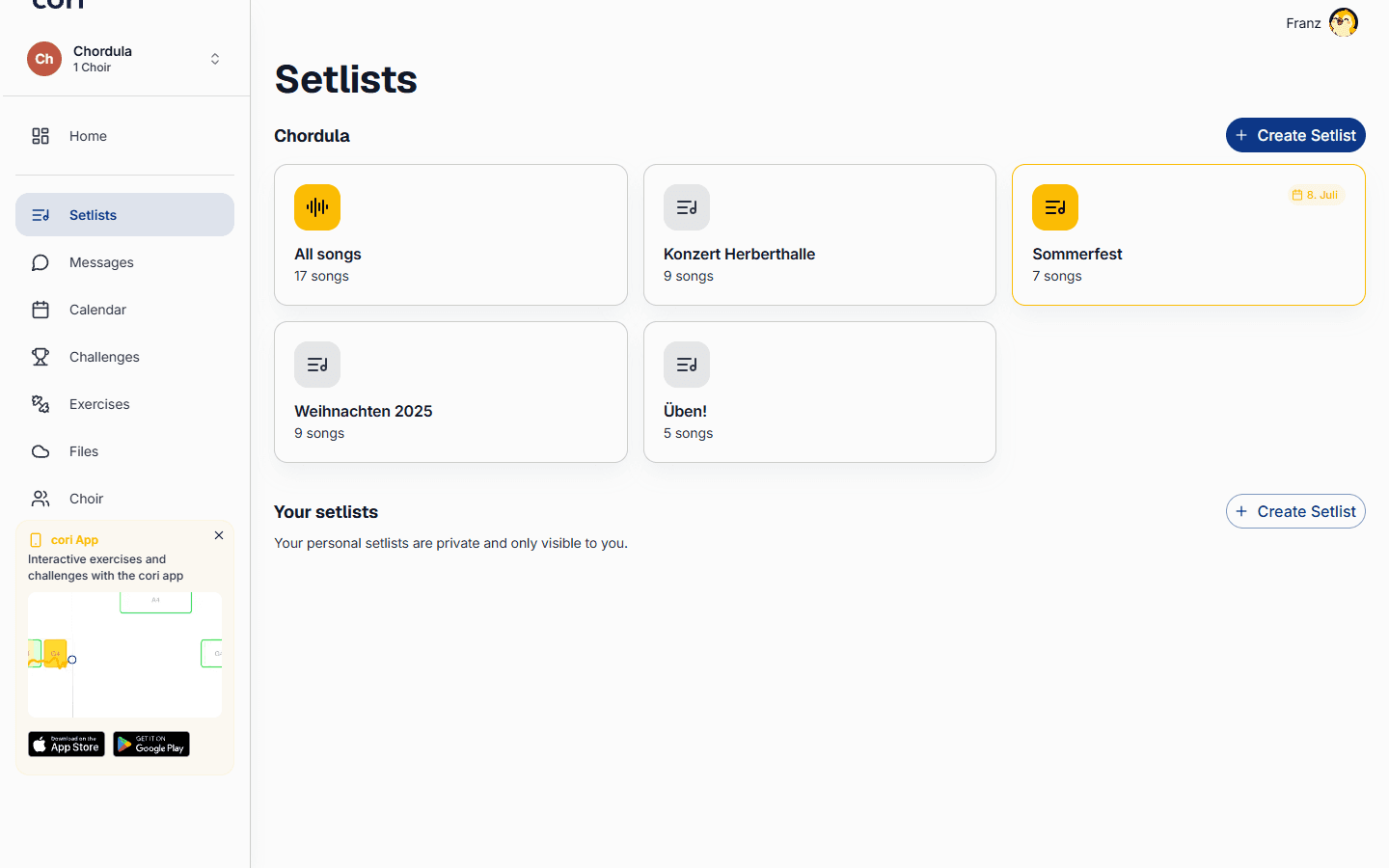 The Setlists page: All songs, your choir's shared setlists, and your personal setlists.
