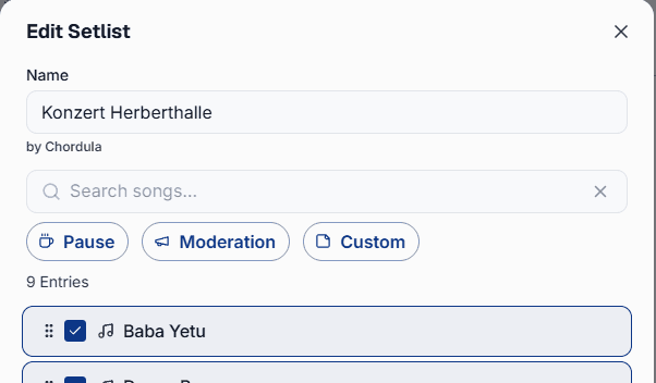 Pause, Moderation and Custom blocks sit alongside songs and archived songs.