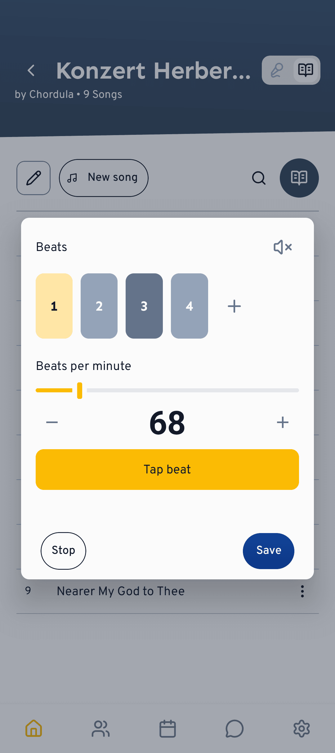 Set the beats per minute and tap each beat to choose its accent.
