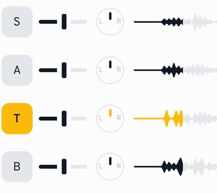 Pan knobs let you place each voice left or right — try your part on one side, the choir on the other.