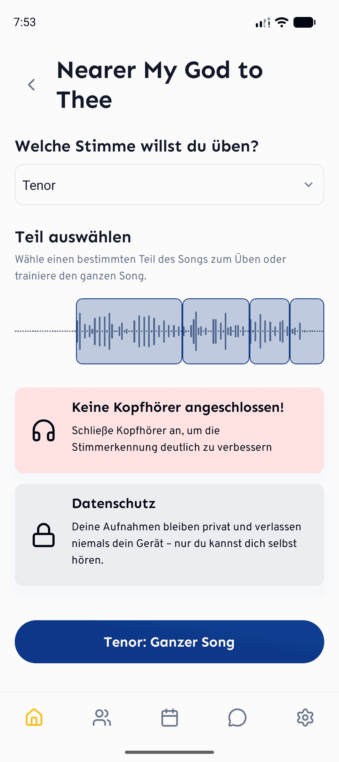Tippe beim Song auf das Mikrofon-Symbol und wähle dann die Stimme und den Abschnitt aus, die du üben möchtest.